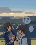  2girls absurdres ahoge backpack bag blue_sky blue_sweater brown_hair building clouds collared_shirt commentary_request drink eyebrows_visible_through_hair highres holding holding_drink long_sleeves medium_hair muji_(uimss) multiple_girls no_pupils no_sclera open_mouth original outdoors profile shirt short_hair sky speech_bubble sunset sweater translation_request tree upper_body 