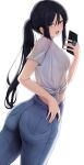  1girl :d ass bangs black_hair blush breasts cellphone character_request cowboy_shot ddangbi denim from_behind hair_between_eyes highres holding holding_phone jeans jewelry long_hair looking_at_viewer looking_back maplestory medium_breasts open_mouth pants phone ponytail ring selfie shirt short_sleeves sidelocks simple_background smartphone smile tied_shirt white_background white_shirt 