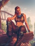  1girl aloy_(horizon) arm_support artist_name bare_arms bare_shoulders blurry blurry_background boots bracelet brown_footwear brown_pants closed_mouth crop_top evening hair_pulled_back hand_on_own_knee horizon_zero_dawn jewelry krystopher_decker long_hair looking_to_the_side midriff navel necklace on_rock outdoors overskirt pants patreon_username pelt pelvic_curtain redhead rock ruins signature sitting sky sleeveless solo stomach toned tree 