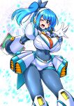  1girl absurdres android armor bangs blue_eyes blue_hair blush bodysuit breasts eyebrows_visible_through_hair headphones highres holding large_breasts long_hair looking_at_viewer mega_man_x_dive navigator open_mouth rico_(mega_man) ryoi short_hair shorts side_ponytail smile solo 