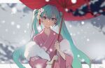  1girl bangs blue_eyes blue_hair blurry blurry_background blush clouds cloudy_sky eyebrows_visible_through_hair floral_print flower fur_shawl hair_flower hair_ornament hatsune_miku highres holding holding_umbrella hua_ben_wuming japanese_clothes kimono long_hair looking_at_viewer oil-paper_umbrella pink_kimono red_umbrella sky smile snow snowing solo twintails umbrella vocaloid watermark 