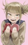  1girl absurdres bags_under_eyes bangs blonde_hair blue_sailor_collar blunt_bangs boku_no_hero_academia box box_of_chocolates cardigan commentary double_bun fangs fengling_(furin-jp) gift hair_bun heart-shaped_box highres holding holding_gift long_sleeves looking_at_viewer messy_hair narrowed_eyes neckerchief open_mouth pink_background red_neckerchief sailor_collar school_uniform serafuku short_hair sidelocks simple_background slit_pupils solo toga_himiko valentine yellow_cardigan yellow_eyes 