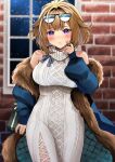  1girl bare_shoulders blush bow box breasts brick_wall brown_hair closed_mouth coat cowboy_shot cross-laced_slit dress eyewear_on_head finger_to_cheek fur_trim gift gift_box girls_frontline grizzly_mkv_(girls&#039;_frontline) hair_intakes highres large_breasts light_frown long_sleeves looking_at_viewer medium_hair solo striped striped_bow sunglasses sweater sweater_dress turtleneck_dress violet_eyes white_dress window yunamaro 