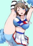  1girl alternate_costume arm_up armpits bike_shorts blue_background blue_eyes blue_short blush breasts cheering cheerleader clothes_writing commission crop_top gengoroh grey_hair hairband highres holding holding_pom_poms leg_up love_live! love_live!_sunshine!! medium_breasts midriff miniskirt navel one_eye_closed open_mouth pleated_skirt pom_pom_(cheerleading) sailor_collar shirt short_hair skeb_commission skirt sleeveless sleeveless_shirt smile solo standing standing_on_one_leg watanabe_you white_sailor_collar white_skirt 