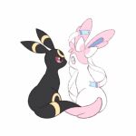  animal_focus eye_contact from_behind looking_at_another looking_to_the_side mokocha no_humans pokemon pokemon_(creature) red_eyes simple_background sitting sylveon umbreon white_background 