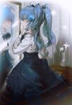  1girl blue_eyes blue_hair flower frown gem highres long_hair looking_at_mirror lord_of_heroes mirror mu_(lord_of_heroes) pale_skin reflection solo twintails vase volff 