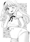  1girl ;d bangs blush bow character_request collared_shirt eyebrows_visible_through_hair grey_background greyscale hair_ornament hair_scrunchie hand_up highres ice_cream_kanojo kuune_rin long_hair looking_at_viewer midriff_peek monochrome navel one_eye_closed one_side_up puffy_short_sleeves puffy_sleeves scrunchie shirt short_shorts short_sleeves shorts smile solo teeth two-tone_background upper_teeth very_long_hair white_background 