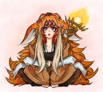  1girl animal_hood between_legs butterfly_sitting collarbone duel_monster familiar-possessed_-_hiita fangs fire hand_between_legs highres hiita_the_fire_charmer hood inari_fire krk96gk light_blush long_sleeves looking_up open_clothes open_mouth open_robe orange_eyes pantyhose pelt redhead robe sitting solo staff wide_sleeves yu-gi-oh! 