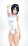  1girl aruhi_(pyxk7325) black_hair blue_eyes collarbone commentary_request cowboy_shot highres looking_at_viewer one-piece_swimsuit original short_hair simple_background solo standing swimsuit thigh_gap white_background white_swimsuit 