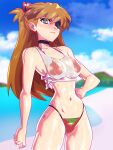  1girl absurdres bangs beach bikini bikini_under_clothes black_choker blue_eyes blue_sky blurry blurry_background brown_hair choker clouds cloudy_sky cowboy_shot eyepatch hand_on_hip highres long_hair looking_at_viewer midriff minicop2001 navel neon_genesis_evangelion red_bikini see-through_shirt shadow shirt sky solo souryuu_asuka_langley swimsuit tied_shirt 