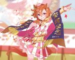  1girl animal_ears armor bangs banner blurry blurry_background brooch corset crown gloves hair_over_one_eye horse_ears horse_girl horse_tail index_finger_raised jewelry looking_at_viewer mini_crown nanaheibei_3 open_mouth orange_hair outstretched_arms pink_skirt shirt shoulder_armor single_glove skirt smile solo spread_arms standing star_(symbol) t.m._opera_o_(umamusume) tail teeth thigh-highs two-tone_skirt umamusume white_gloves white_shirt white_skirt 