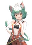  1girl ahoge animal_ears bare_shoulders breasts cat_ears cat_girl cat_tail commentary cowboy_shot english_commentary eyebrows_visible_through_hair fangs girl_dm green_hair hair_between_eyes heart_ahoge highres indie_virtual_youtuber looking_at_viewer navel open_mouth orange_eyes simple_background sleeveless small_breasts solo tail teeth tongue valefal_coneri virtual_youtuber white_background 