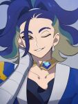  1boy adaman_(pokemon) arm_wrap black_shirt blue_coat blue_hair brown_eyes coat commentary_request earrings eyebrow_cut green_hair hand_up highres jeri20 jewelry looking_at_viewer male_focus one_eye_closed parted_lips pokemon pokemon_(game) pokemon_legends:_arceus shirt smile solo upper_body 