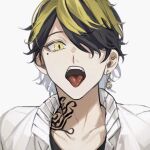 1boy bangs bell black_hair blonde_hair collarbone earrings hair_over_one_eye hanemiya_kazutora jacket jewelry looking_at_viewer male_focus medium_hair mole mole_under_eye multicolored_hair neck_tattoo open_mouth ori_x_000 portrait simple_background single_earring solo swept_bangs tattoo tokyo_revengers tongue tongue_out tsurime two-tone_hair white_background white_jacket yellow_eyes 