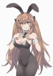  1girl alternate_costume animal_ears black_legwear black_leotard black_necktie breasts brown_eyes brown_hair cowboy_shot detached_collar fake_animal_ears girls_frontline hair_ornament hairclip highres large_breasts leotard licking_lips long_hair necktie pantyhose playboy_bunny rabbit_ears scar scar_across_eye solo standing strapless strapless_leotard tab_(tabkun) tongue tongue_out twintails ump9_(girls&#039;_frontline) wrist_cuffs 