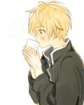  1boy blonde_hair blue_eyes blush coffee cup drinking johan_talede kuzuvine looking_to_the_side lord_of_heroes pale_skin white_background 