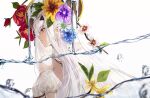  184756o 1girl bangs bare_shoulders breasts brown_eyes detached_collar dress fairy_knight_lancelot_(fate) fate/grand_order fate_(series) flower hair_flower hair_ornament long_hair sidelocks small_breasts solo water white_dress white_hair 