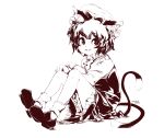  1girl animal_ear_fluff animal_ears bow bowtie cat_ears cat_tail chen dated earrings full_body hamriku hat highres jewelry knees_up long_sleeves looking_to_the_side mob_cap monochrome multiple_tails nekomata petticoat puffy_long_sleeves puffy_sleeves short_hair simple_background single_earring sitting skirt solo tail touhou two_tails white_background 
