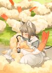  1girl akai_sashimi animal animal_ears apron arm_rest bangs blush braid braided_ponytail cable cat_ears cat_girl cat_tail closed_eyes closed_mouth collared_dress dress electric_razor eyelashes facing_to_the_side facing_viewer fluffy food from_side full_body grass grey_dress grey_hair highres holding long_hair low_braid maid_apron mat original outdoors oversized_animal oversized_food puffy_short_sleeves puffy_sleeves shaved_body shaving shearing short_sleeves shrimp shrimp_tempura signature single_braid sitting sleeve_cuffs solo tail tempura thick_eyebrows u_u what white_apron wing_collar wool 