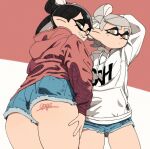  +_+ 2girls arm_up ass bangs black_hair callie_(splatoon) closed_mouth commentary cowboy_shot cutoffs denim denim_shorts english_commentary expressionless fangs from_behind grey_hair hand_on_own_thigh hood hood_down hoodie long_hair long_sleeves looking_at_viewer marie_(splatoon) marker_(medium) medium_hair mole mole_under_eye multiple_girls open_mouth pointy_ears print_hoodie red_background red_hoodie short_eyebrows short_shorts shorts signature simple_background smile splatoon_(series) splatoon_1 standing swept_bangs symbol-shaped_pupils tentacle_hair thick_eyebrows tied_hair traditional_media two-tone_background white_background white_hoodie yellow_eyes yuta_agc 