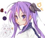  1girl bangs blush color_guide from_side highres hiiragi_kagami long_hair looking_at_viewer looking_to_the_side lucky_star niii portrait puckered_lips purple_hair sailor_collar shirt sidelocks simple_background star_(symbol) twintails violet_eyes white_background white_shirt 