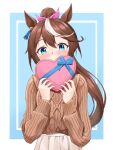  1girl animal_ears bangs blue_background blush border bow brown_hair brown_sweater chocolate commentary_request cowboy_shot dusu_(htkj) eyebrows_visible_through_hair food hair_between_eyes hands_up heart highres holding holding_chocolate holding_food holding_heart horse_ears horse_girl light_brown_hair long_hair long_sleeves looking_at_viewer multicolored_hair outside_border pink_bow pleated_skirt ponytail sidelocks skirt solo streaked_hair sweater sweater_tucked_in tokai_teio_(umamusume) two-tone_hair umamusume valentine white_border white_skirt 
