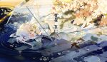  1girl absurdres asheng bangs barefoot blue_eyes cherry_blossoms dress falling_petals flower hand_on_own_stomach highres lying on_back original petals petals_on_liquid puddle skirt summer translation_request umbrella water white_dress white_hair 