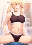  1girl artist_name ball bangs black_choker black_sports_bra blonde_hair blush breasts choker collarbone ear_piercing exercise_ball eyebrows_visible_through_hair gym gym_uniform hair_ornament hands_on_hips highres kimoshi kitagawa_marin large_breasts looking_at_viewer low_twintails navel open_mouth piercing pink_eyes smile solo sono_bisque_doll_wa_koi_wo_suru sports_bra thighs twintails weights 