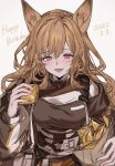  1girl :d animal_ears aogisa arknights bag brown_hair brown_jacket brown_shirt ceobe_(arknights) dated dog_ears eyebrows_visible_through_hair fangs food hair_between_eyes happy_birthday highres holding holding_bag holding_food jacket long_hair looking_at_viewer open_mouth red_eyes shirt smile solo upper_body 