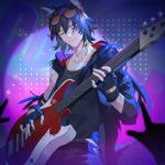  1boy animal_ears arknights bishounen black_hair chain_necklace closed_eyes courier_(arknights) cowboy_shot ecrsin english_text eyewear_on_head fingerless_gloves gloves guitar instrument male_focus short_hair smile solo_focus spotlight tinted_eyewear toned toned_male 