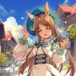  1girl absurdres blurry blurry_background brown_hair building clouds corset dated dress etm_(ahong) fantasy_world_umanest_(umamusume) grass_wonder_(umamusume) green_eyes green_headwear hands_up hat highres long_hair long_sleeves looking_at_viewer neck_ribbon open_mouth outdoors puffy_long_sleeves puffy_sleeves ribbon signature smile solo umamusume upper_body white_dress 
