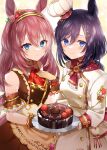  2girls absurdres animal_ears ascot bangs black_hair black_hairband blue_eyes blush brooch brown_dress brown_hair cake chef_hat chocolate_cake closed_mouth clothing_cutout commentary crown_patisserie_(umamusume) dress ear_ornament eishin_flash_(collect_chocolatier)_(umamusume) eishin_flash_(umamusume) emblem eyebrows_visible_through_hair food frilled_cuffs frilled_sleeves frills hair_between_eyes hair_ornament hairband hairclip hand_on_own_chest hat high_collar highres holding holding_tray horse_ears horse_girl horse_tail jewelry long_hair long_sleeves looking_at_viewer medium_dress mihono_bourbon_(code:glassage)_(umamusume) mihono_bourbon_(umamusume) mini_hat multiple_girls neckerchief nobell_(bell_no5) official_alternate_costume red_ascot red_neckerchief short_hair short_sleeves shoulder_cutout side-by-side sleeveless sleeveless_dress smile standing swept_bangs tail tilted_headwear tray umamusume white_dress wrist_cuffs 