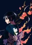  1girl black_background black_hair branch chan_chikame cigarette ear_piercing earrings fire flower highres holding holding_cigarette japanese_clothes jewelry kimono original piercing pink_nails plant profile red_flower shadow short_hair smoke solo upper_body 