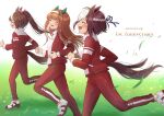  3girls :d ^_^ animal_ears anniversary blue_ribbon blush braid brown_hair closed_eyes commentary_request dated from_side hair_ribbon highres horse_ears horse_girl horse_tail jacket long_hair long_sleeves masshirokachi multicolored_hair multiple_girls pants pink_ribbon ponytail red_jacket red_pants ribbon running shoes silence_suzuka_(umamusume) smile special_week_(umamusume) tail tokai_teio_(umamusume) track_jacket track_pants track_suit two-tone_hair umamusume very_long_hair white_background white_footwear white_hair 