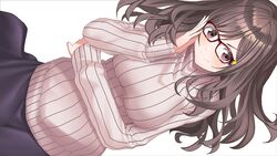  1girl adjusting_eyewear black_skirt breasts brown_hair brown_sweater closed_mouth commentary_request dutch_angle glasses glint hand_up idolmaster idolmaster_shiny_colors long_hair long_sleeves medium_breasts o_(rakkasei) puffy_long_sleeves puffy_sleeves red-framed_eyewear red_eyes ribbed_sweater simple_background skirt sleeves_past_wrists smile solo sweater tsukioka_kogane turtleneck turtleneck_sweater white_background 