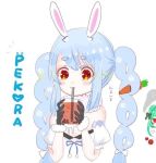  2girls animal_ear_fluff animal_ears aqua_hair arm_cuffs artist_self-insert bangs black_gloves blue_hair blush braid bubble_tea bunny-shaped_pupils carrot carrot_hair_ornament character_name coat commentary_request creature detached_sleeves drinking drinking_straw drinking_straw_in_mouth extra_ears eyebrows eyebrows_visible_through_hair food food-themed_hair_ornament fur-trimmed_gloves fur_trim gloves hair_ornament heart holding hololive light_blue_hair long_hair looking_at_viewer mouth_hold multiple_girls puffy_short_sleeves puffy_sleeves rabbit_ears rabbit_girl red_eyes short_sleeves sidelocks simple_background symbol-shaped_pupils thick_eyebrows translation_request twin_braids twintails upper_body uruha_rushia uruha_rushia_(artist) usada_pekora virtual_youtuber white_background white_coat 