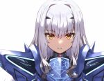  1girl armor armored_dress bangs blue_armor blue_dress breastplate breasts brown_eyes dress fairy_knight_lancelot_(fate) fate/grand_order fate_(series) grin highres long_hair looking_at_viewer nanaku_teiru pauldrons shoulder_armor sidelocks small_breasts smile solo white_hair 