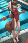  1girl :d animal_ears arms_up artist_name bangs brown_hair full_body furry furry_female highres holo long_hair one-piece_swimsuit pool red_swimsuit seraziel smile solo spice_and_wolf standing swimsuit tail wolf_ears wolf_girl wolf_tail 