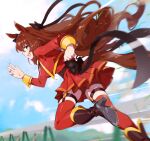  1girl animal_ears bike_shorts boots breasts brown_hair cropped_jacket floating_hair green_eyes high_heel_boots high_heels highres horse_ears horse_girl horse_tail jacket large_breasts long_hair looking_at_viewer maruzensky_(umamusume) motion_blur nanaheibei_3 open_mouth pleated_skirt red_jacket red_legwear red_skirt running sideways_mouth skirt smile solo tail thigh-highs umamusume 