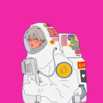  1boy 38mari10 astronaut blush ear_piercing earrings expressionless grey_hair heart highres jewelry original piercing pink_background short_hair simple_background solo thumbs_up upper_body yellow_eyes 