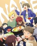  6+boys background_text bangs black_hair blonde_hair bottle brown_hair cellphone chopsticks closed_eyes closed_mouth cup eating food hair_between_eyes highres holding holding_chopsticks hood hood_down jacket kotatsu ladle meat multiple_boys nabe open_clothes open_jacket open_mouth original phone pillow_(nutsfool) pot redhead shirt simple_background spiky_hair sweat table 