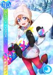 1girl blue_eyes blush character_name gloves hat jacket kousaka_honoka looking_at_viewer love_live!_school_idol_festival love_live!_school_idol_project mittens orange_hair short_hair smile snow winter_clothes