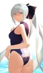  1girl ass black_ribbon blue_eyes blush breasts eyebrows_visible_through_hair fate/grand_order fate_(series) hair_between_eyes hair_ornament hair_ribbon highres kameponde long_hair looking_at_viewer looking_back medium_breasts morgan_le_fay_(fate) one-piece_swimsuit ribbon silver_hair solo solo_focus swimsuit 