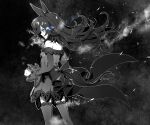  1girl animal_ears bare_shoulders blue_eyes blue_fire clenched_hand dress fire flaming_eye floating_hair from_behind greyscale hat highres horse_ears horse_girl horse_tail long_hair monochrome nanaheibei_3 off-shoulder_dress off_shoulder parted_lips rice_shower_(umamusume) sideways_mouth solo spot_color standing sweat tail thigh-highs umamusume 