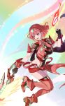  1girl aegis_sword_(xenoblade) ankle_boots bangs black_gloves boots breasts commentary_request fire full_body gloves hand_up highres holding holding_sword holding_weapon large_breasts misu_kasumi open_mouth pyra_(xenoblade) red_eyes red_footwear red_legwear red_shorts redhead short_hair short_shorts shorts smile solo swept_bangs sword teeth thigh-highs tiara upper_teeth weapon xenoblade_chronicles_(series) xenoblade_chronicles_2 zettai_ryouiki 