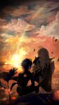  1boy 1girl absurdres black_hair blonde_hair clouds cloudy_sky crying flower highres irgendwann looking_at_another lord_(lord_of_heroes) lord_of_heroes lumie_miratisa pale_skin rubbing_eyes sky sun sunset 