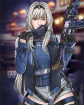  1girl an-94 an-94_(girls&#039;_frontline) an-94_(girls&#039;_frontline)_(cosplay) aqua_eyes assault_rifle bangs blue_eyes call_of_duty:_mobile closed_mouth cosplay drawingbonbon girls_frontline gloves gun hairband highres jacket long_hair long_sleeves looking_at_viewer mask platinum_blonde_hair rifle scylla_(call_of_duty:_mobile) silver_hair solo tagme weapon 