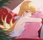  1girl bangs blonde_hair dress eyebrows_visible_through_hair highres long_hair looking_at_viewer monogatari_(series) object_hug oshino_shinobu pillow pillow_hug sb_lama sleeveless sleeveless_dress solo white_dress yellow_eyes 