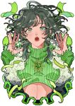  1girl arms_up breasts ear_piercing earrings face fingernails green_eyes green_ribbon green_theme hands highres jewelry lips long_fingernails long_sleeves looking_at_viewer medium_breasts midriff nail_polish original parted_lips piercing ponko517 red_nails ribbon shadow solo upper_body 