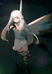  1girl absurdres airy_(bravely_default) bare_shoulders black_background black_gloves black_legwear bravely_default:_flying_fairy bravely_default_(series) butterfly_wings dress fairy fingers_together gloves green_eyes highres leg_up long_hair looking_at_viewer pointy_ears short_dress simple_background solo standing standing_on_one_leg strapless strapless_dress thigh-highs thighs tsunodriller white_dress white_hair wings 
